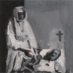 Am Krankenbett mit Kreuz, acrylic on paper mounted on canvas, 24x30cm, 2010   650€