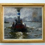  LEONHARD SANDROCK (1867-1945),Schlepper Saturn im Hamburger Hafen, Öl auf Malkarton, 1920      
                                                                      50x61 cm, um 1920