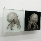 the world & mr. lobb, monument for lobbyists, airbrushed, sandblasted glass, aluminium portable stand with lamp, silver, approx. 71 x 64 cm (each piec