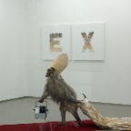 homo bulla or the sacred baboon, installation, baboon, carpet, cope, miter, bubble machine, bishopschain, approx. 500 x 90 x 140 cm, 2009